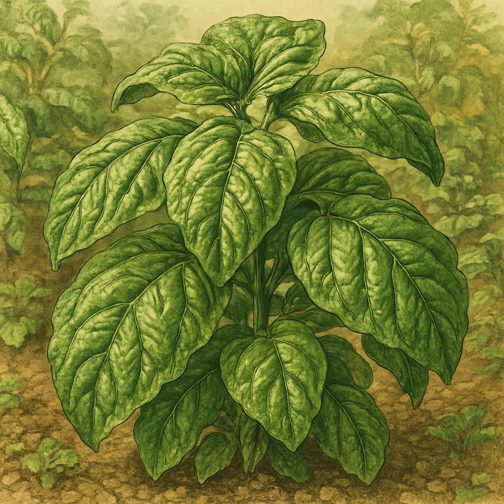 Close-up of Napoletano Basil's large, crinkled leaves, a popular Italian herb.