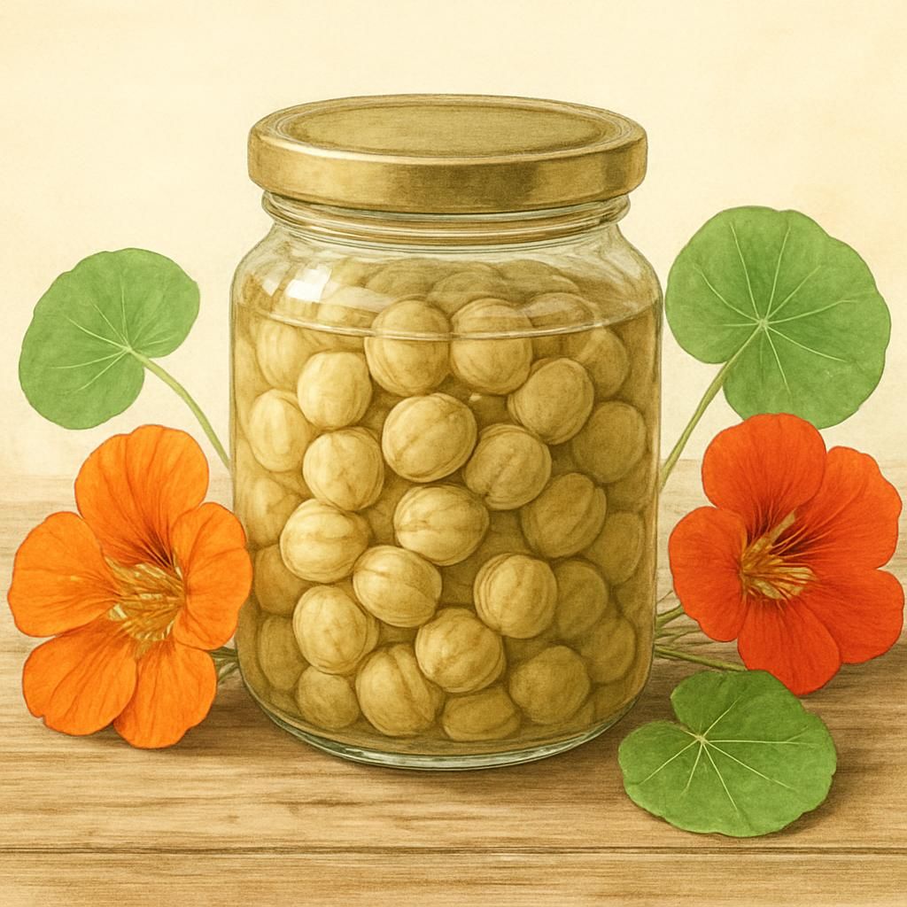 Close-up of pickled nasturtium seeds in brine with fresh flowers for culinary use