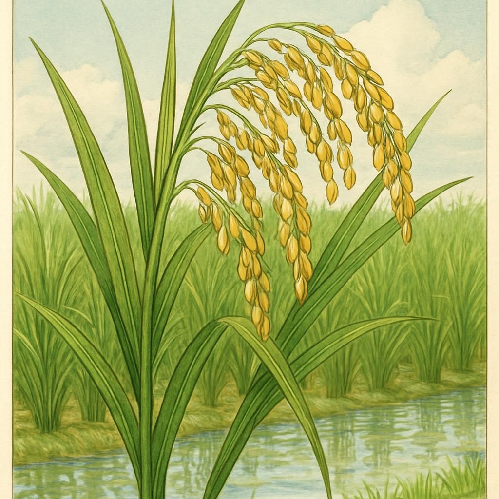 Nato Rice plants in a well-irrigated paddy field under a bright sky.