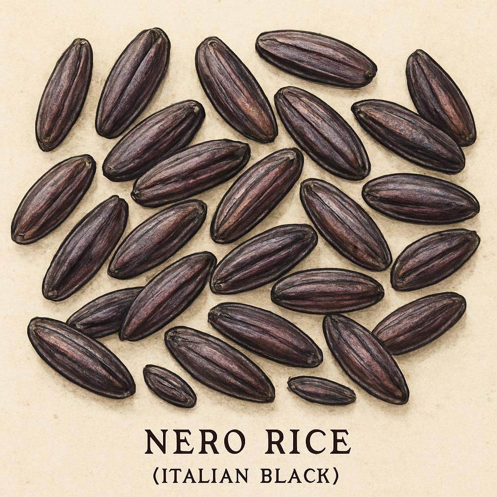 Close-up of Nero Rice grains with distinctive black color and texture.