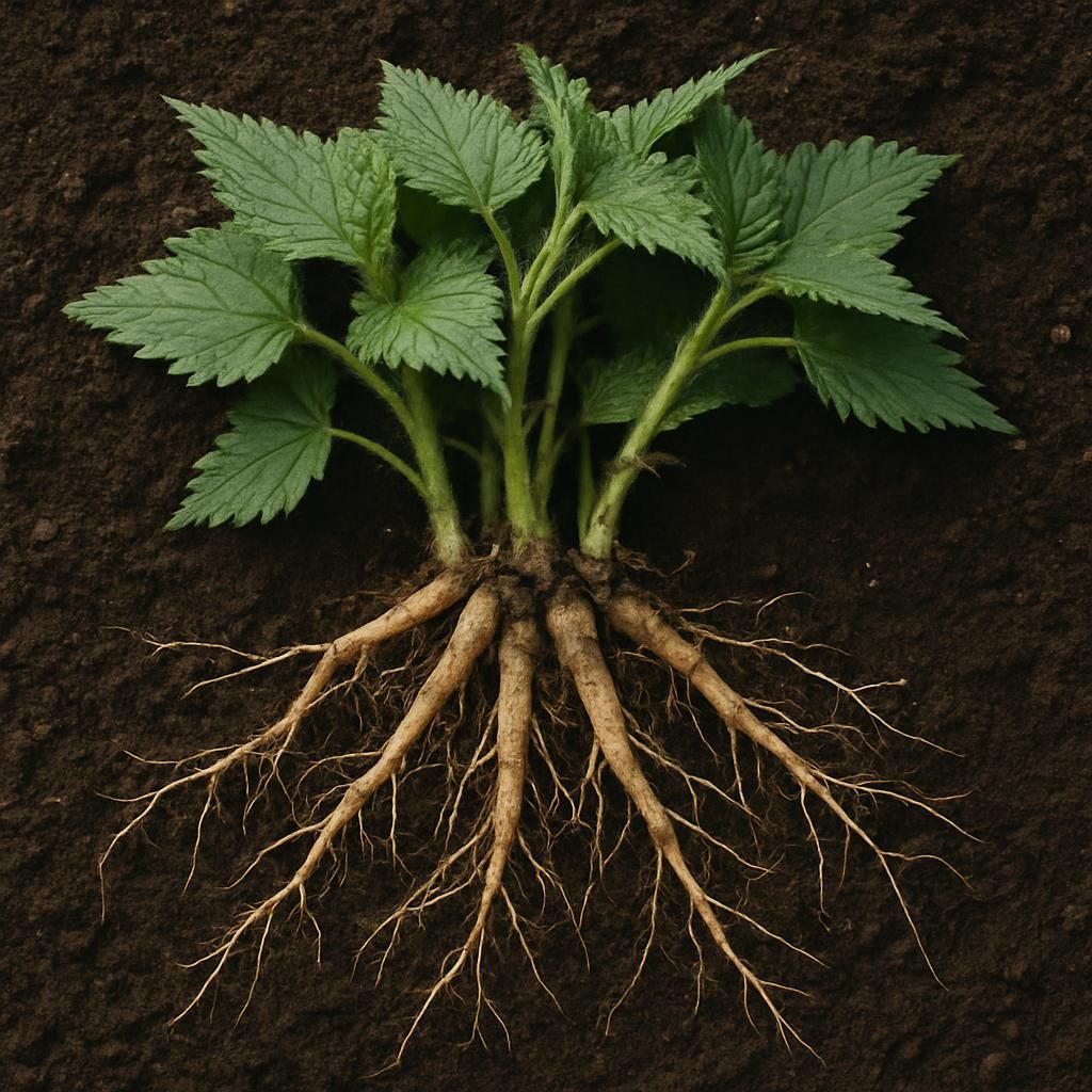 Freshly dug nettle roots showing fibrous rhizomes and soil texture