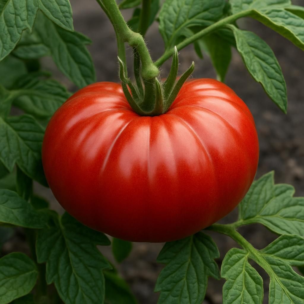 Ripe deep-red Neves Azorean Red Tomato on vine with dark green leaves in volcanic soil