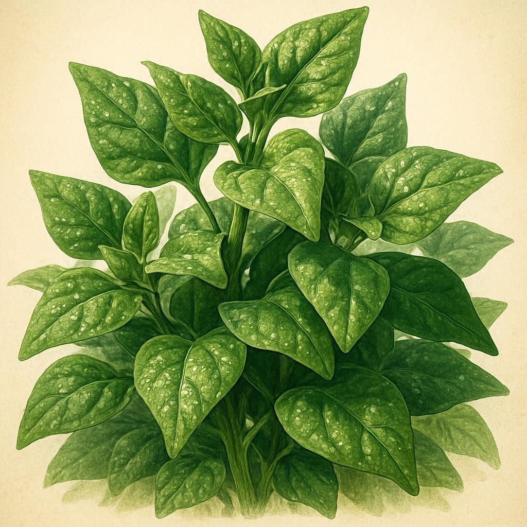 Close-up view of fresh New Zealand Spinach with vibrant triangular leaves.