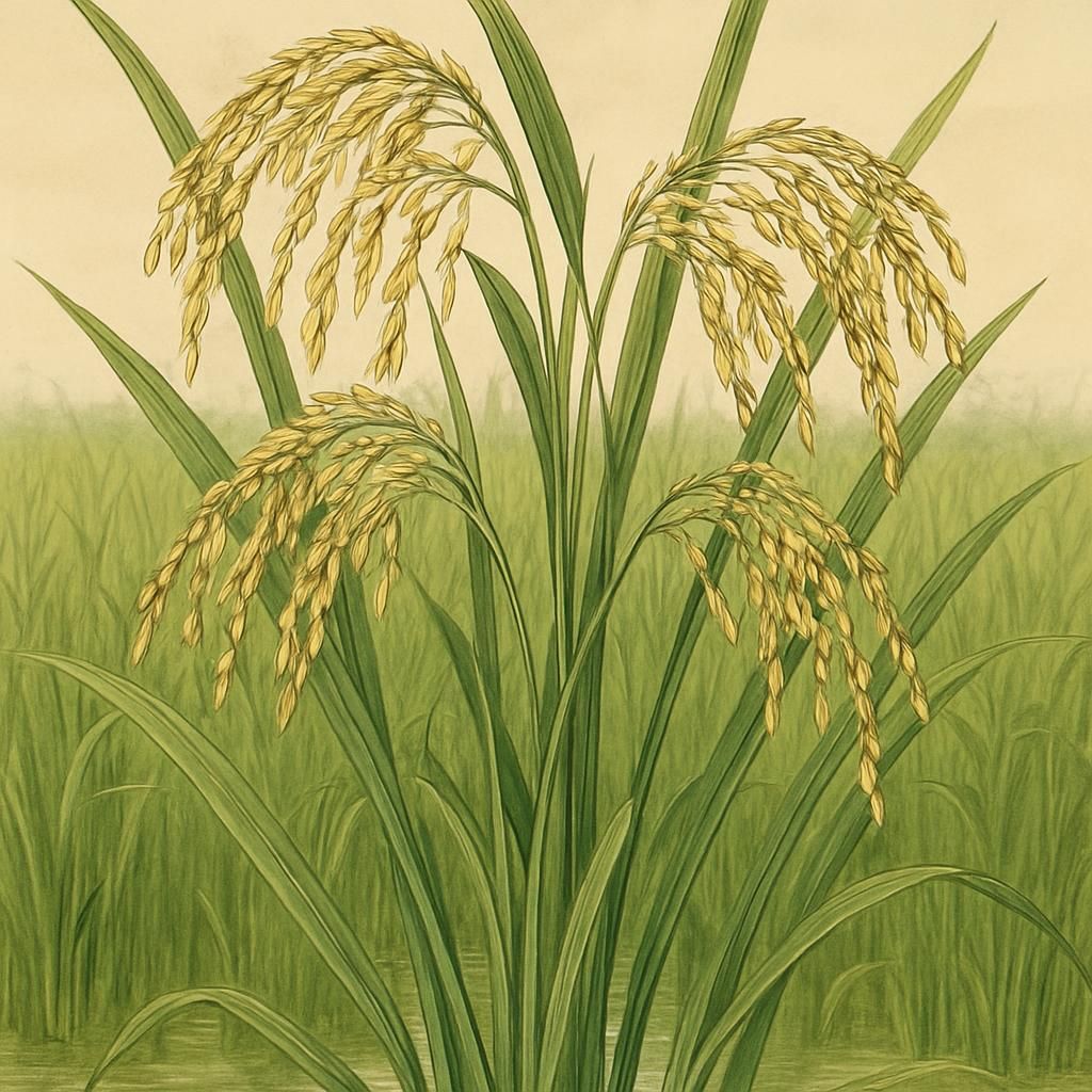 Close-up of Newbonnet Rice plants growing in a vibrant green field.