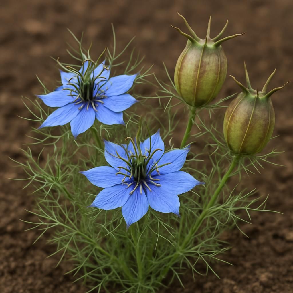 Close-up of Nigella sativa flowers and seed pods for professional growing guide