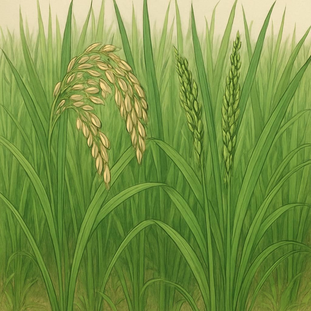 Close-up of Nira Rice in a well-maintained paddy with lush green foliage and ripening grains.