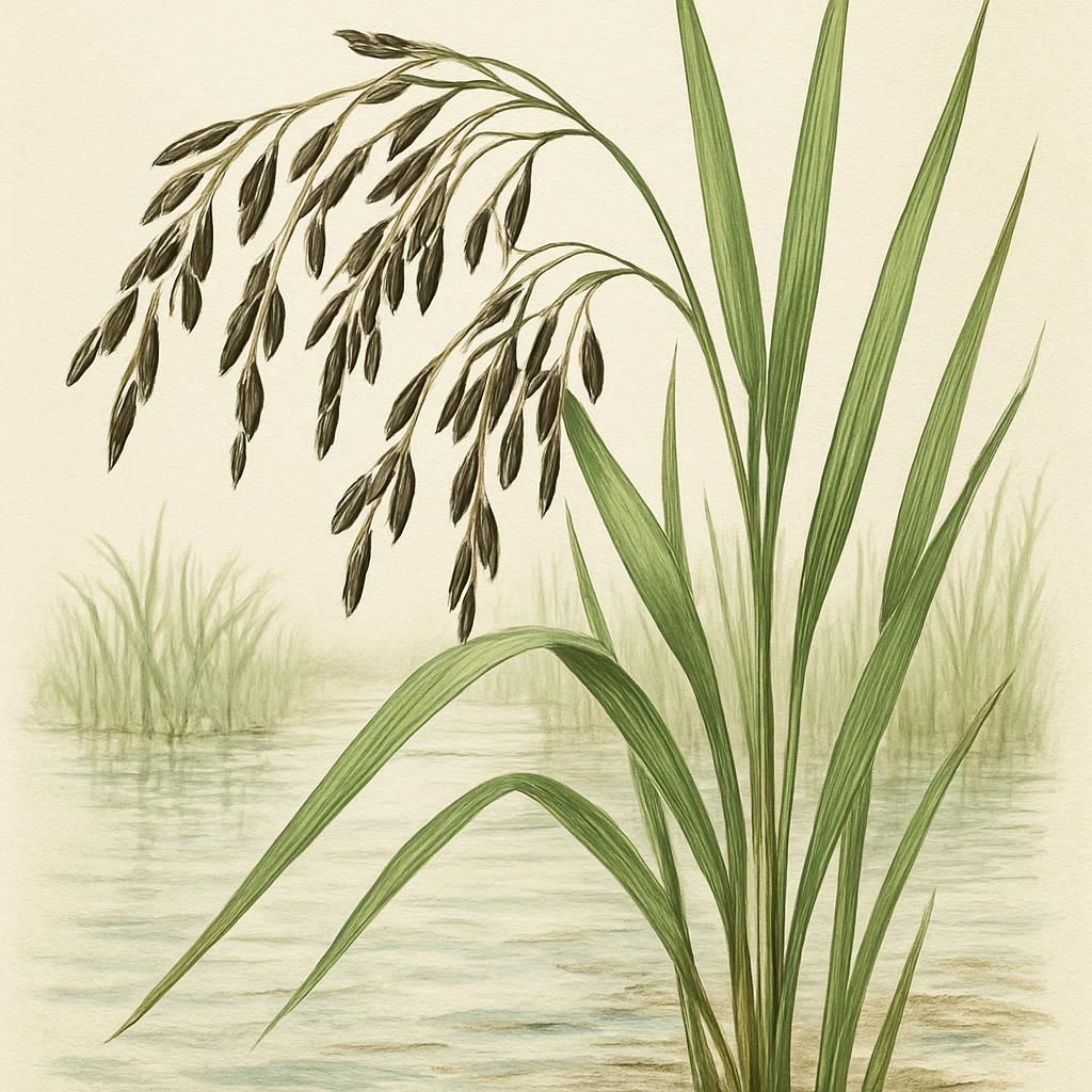 Close-up photo of mature Northern Wild Rice plants in water, showcasing grains and foliage.