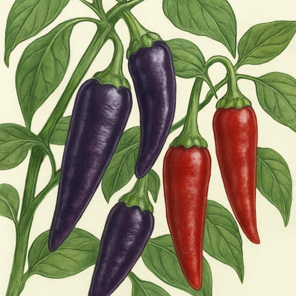 Close-up of Numex Centennial chili peppers with purple and red colors on a plant.