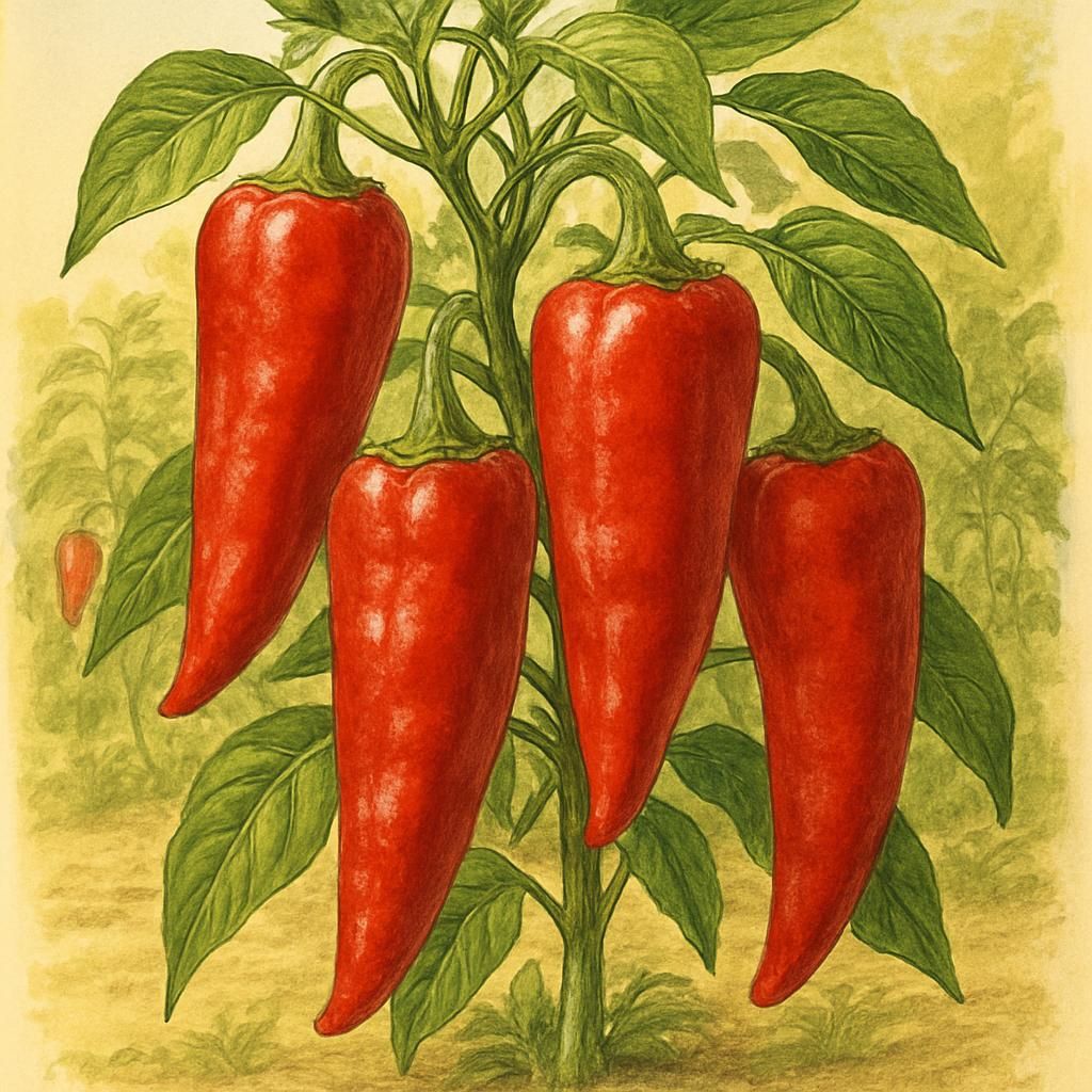 Large Numex Heritage Big Jim peppers on a plant in a sunny garden.