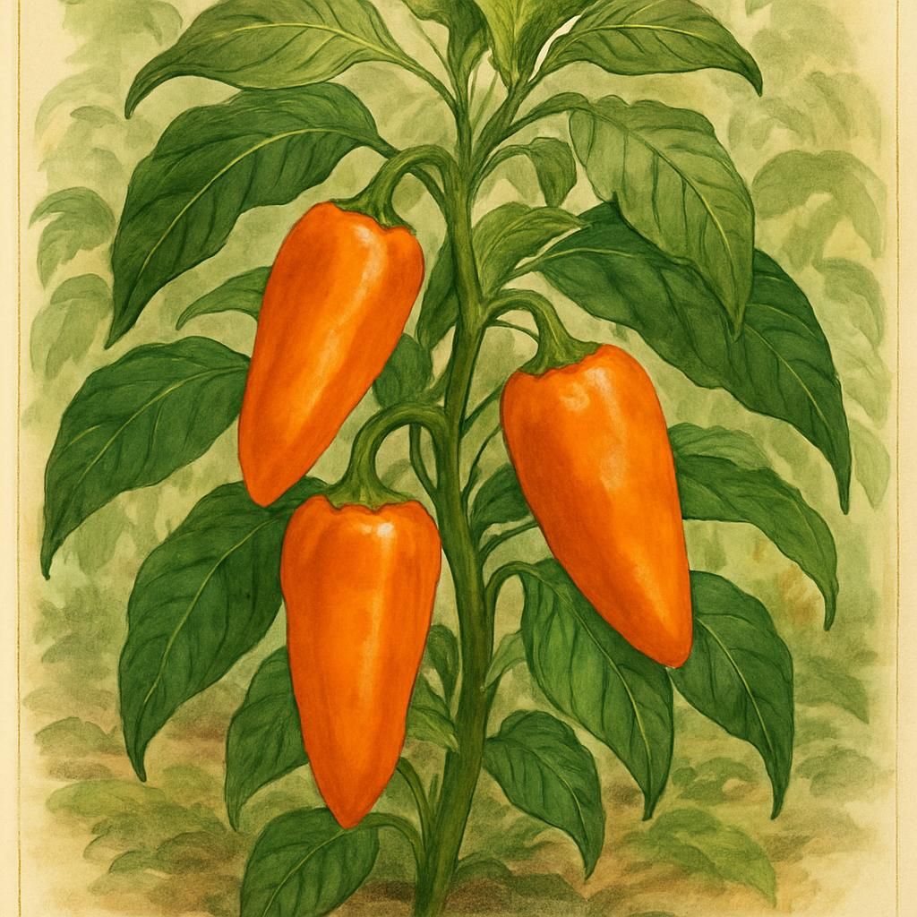 Close-up of Numex Suave Orange peppers on a plant with vibrant orange hue in a garden.