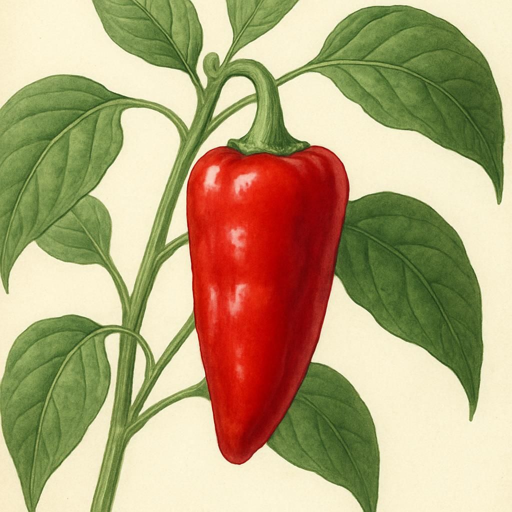 Numex Suave Red pepper on plant, showcasing its vibrant red color and glossy appearance.