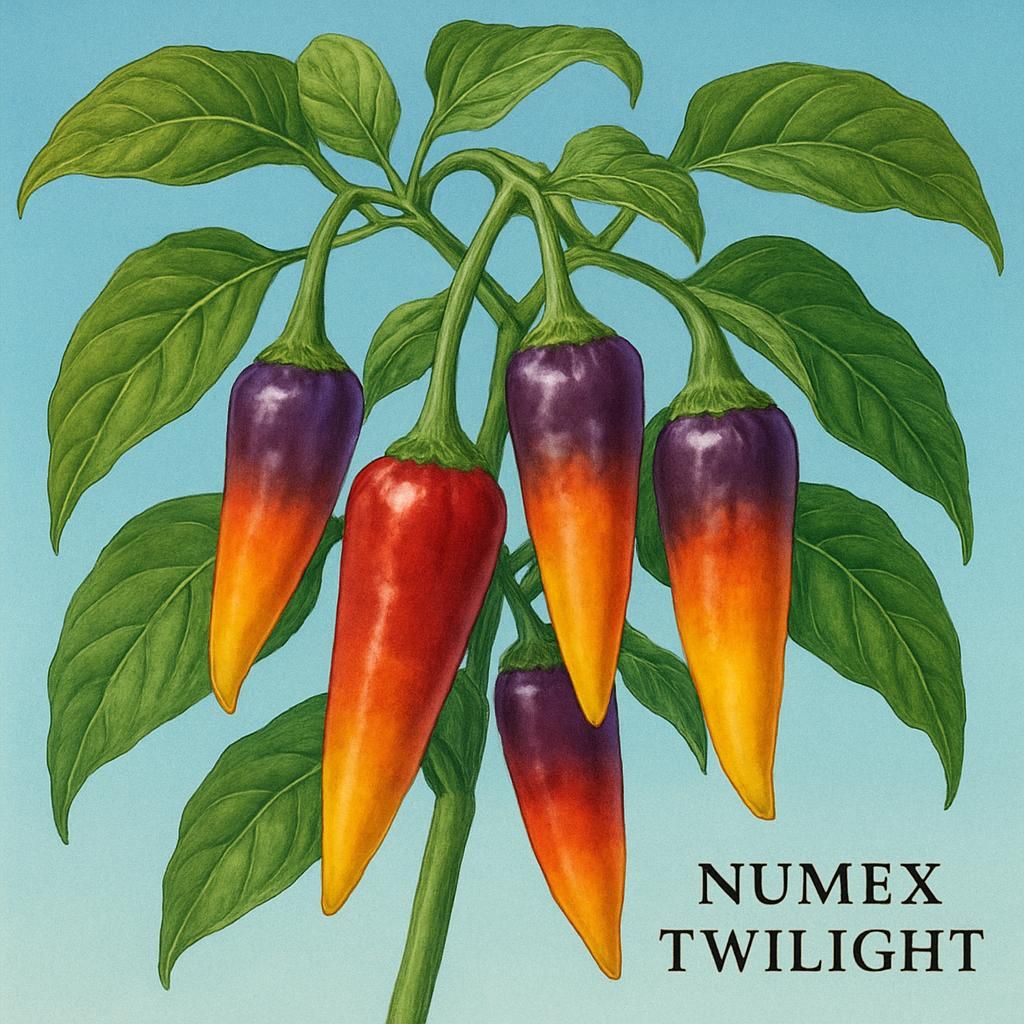 Numex Twilight peppers in various stages of ripening with vivid colors.