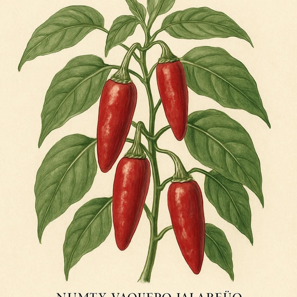Numex Vaquero Jalapeño plant with ripe green and red peppers in a sunlit garden.