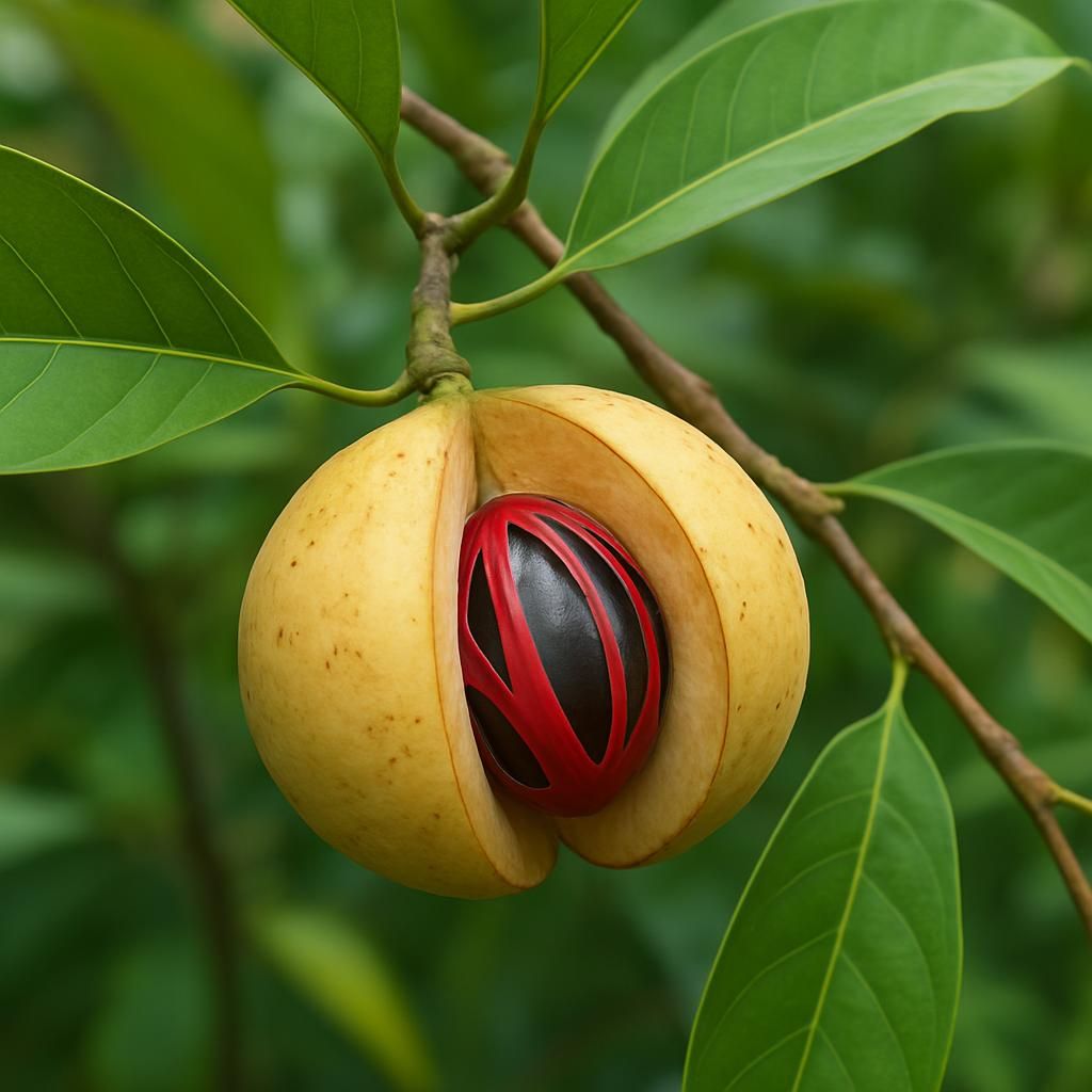 Close-up of nutmeg fruit split open showing seed and red mace aril on Myristica fragrans tree