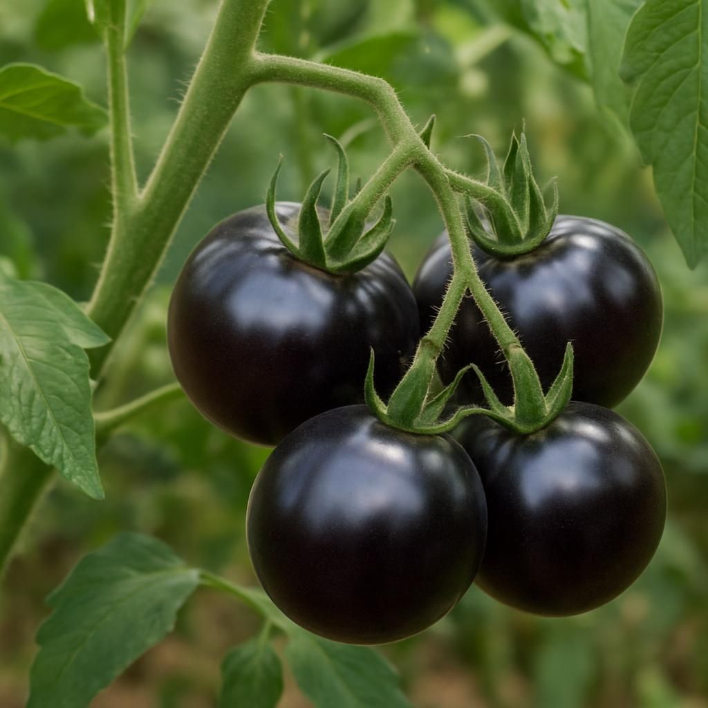 Ripe Nyagous black tomatoes showing deep purple skin and rich flavor on healthy indeterminate vines