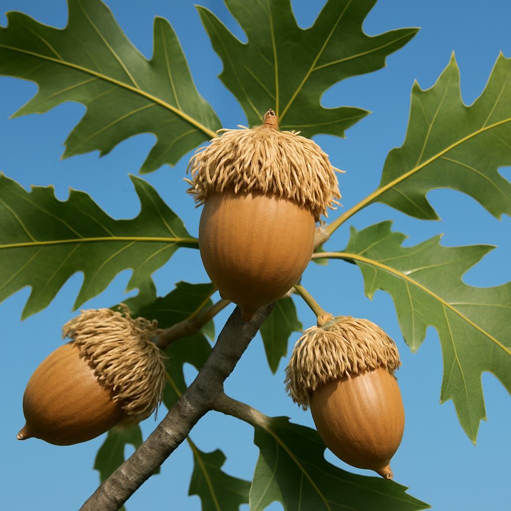 Close-up of Bur Oak acorns and leaves showing distinctive fringed cup and lobed foliage for growing guide