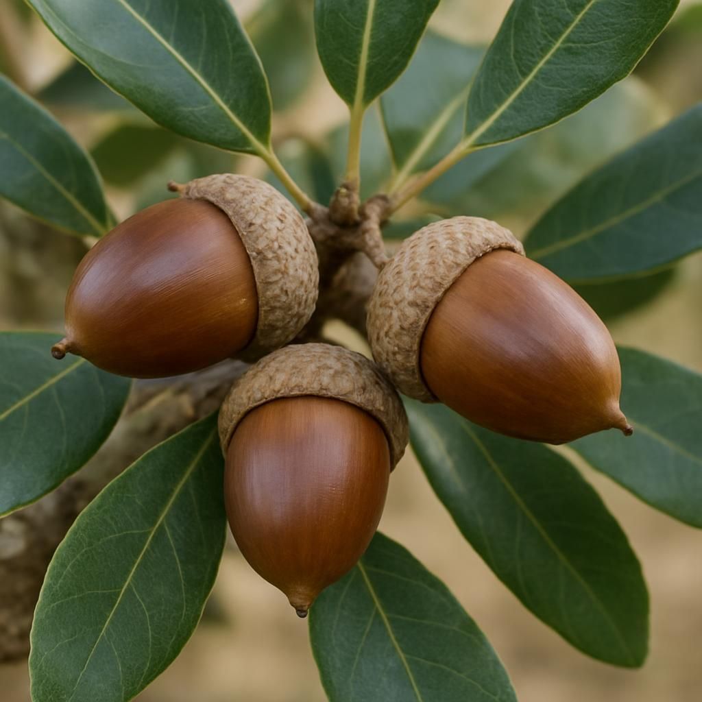 Close-up of Live Oak acorns on branch with evergreen leaves for growing guide header image