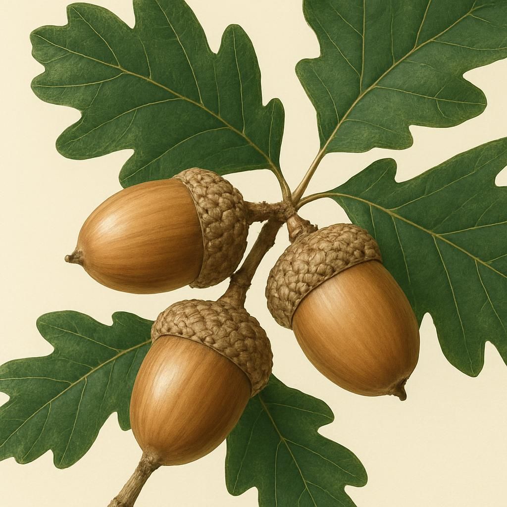 Close-up of white oak acorns on Quercus alba branch with lobed leaves
