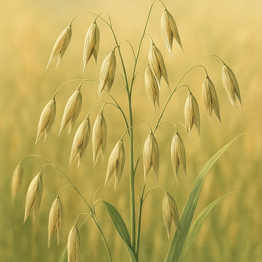Close-up of Oat (Banner) plants with seed heads, under the sun, in a field.