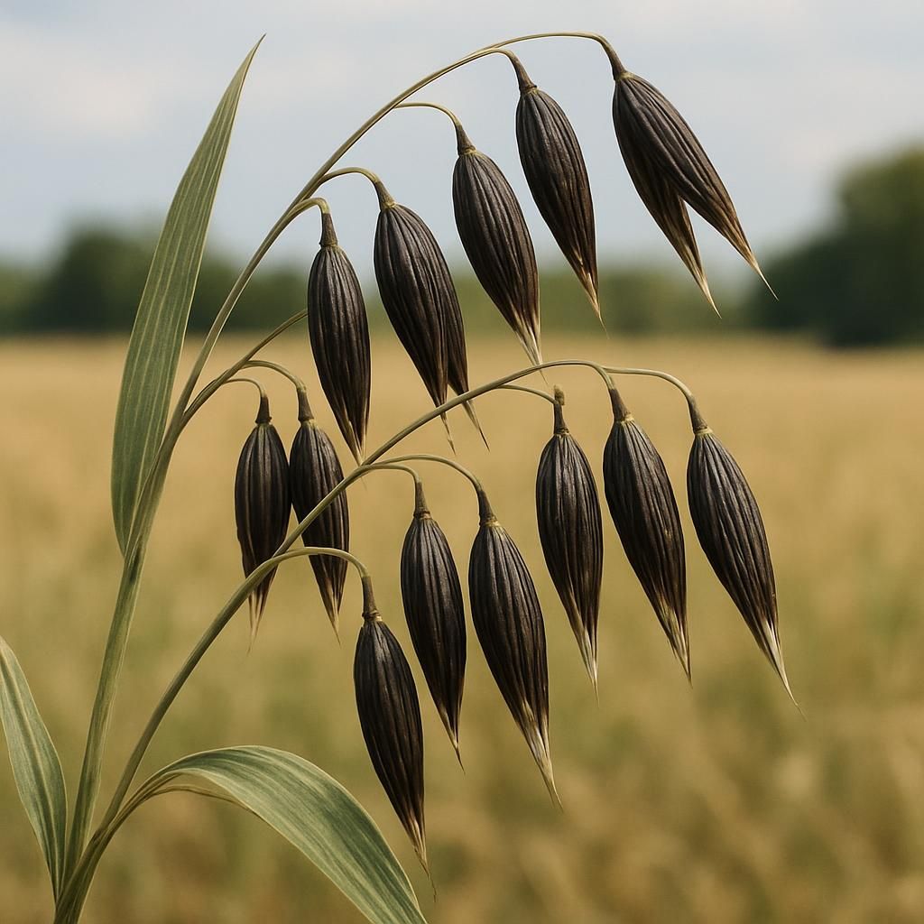Close-up of Oat (Black Tartarian) grains in a sunlit field, highlighting their distinctive dark hue.