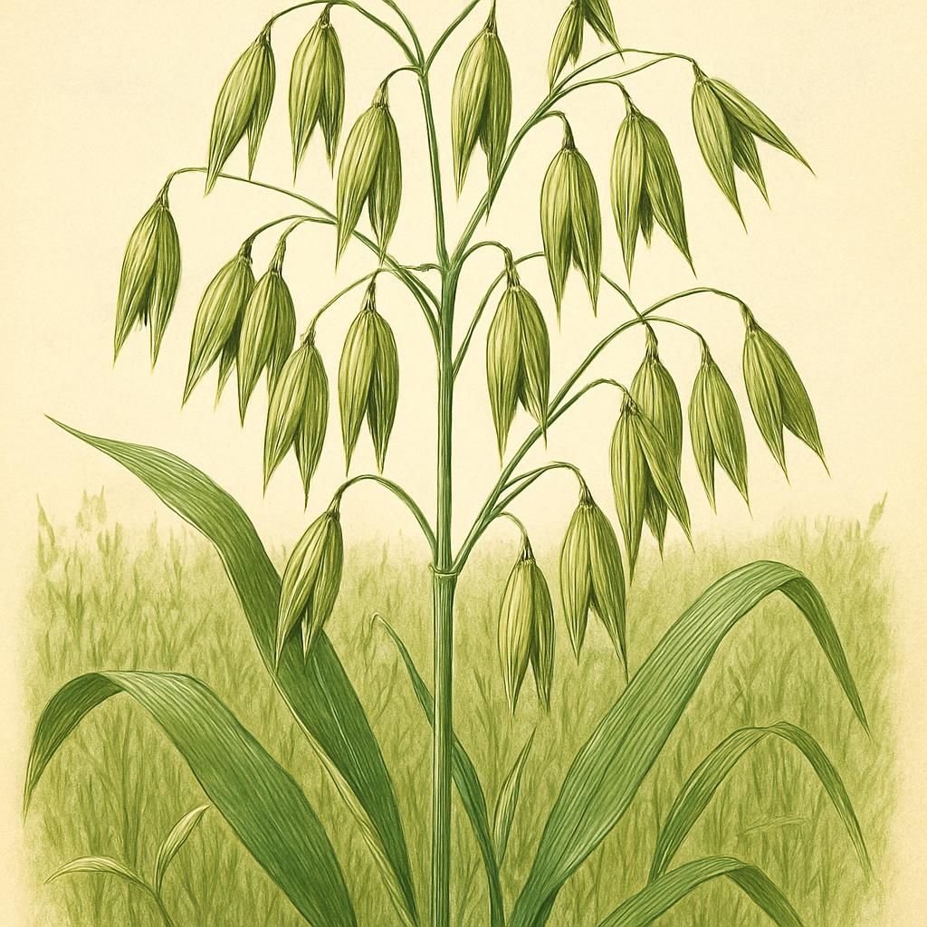 Close-up of Oat (Hull-less Terra) with seed heads, representing a mature crop ready for harvest.