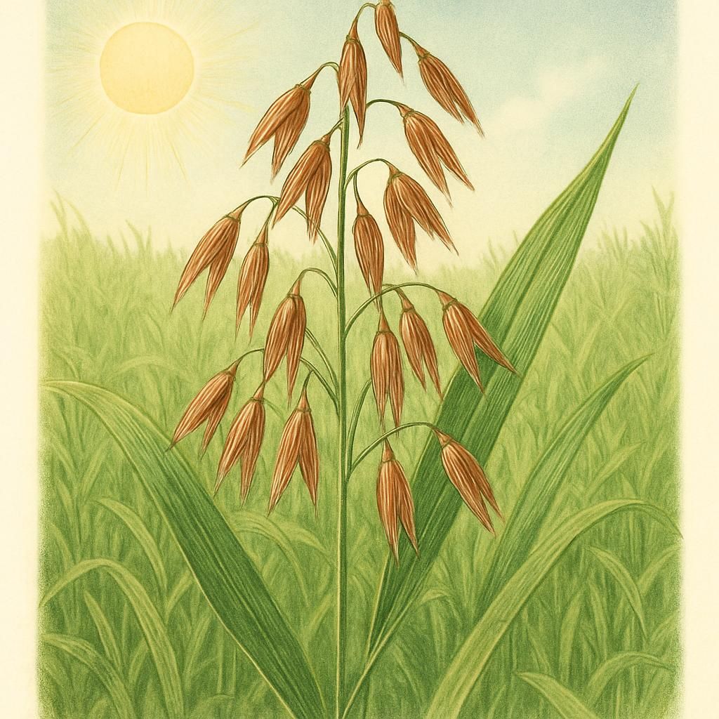 Close-up of Red Rustproof Oat in full bloom with clear blue sky background.