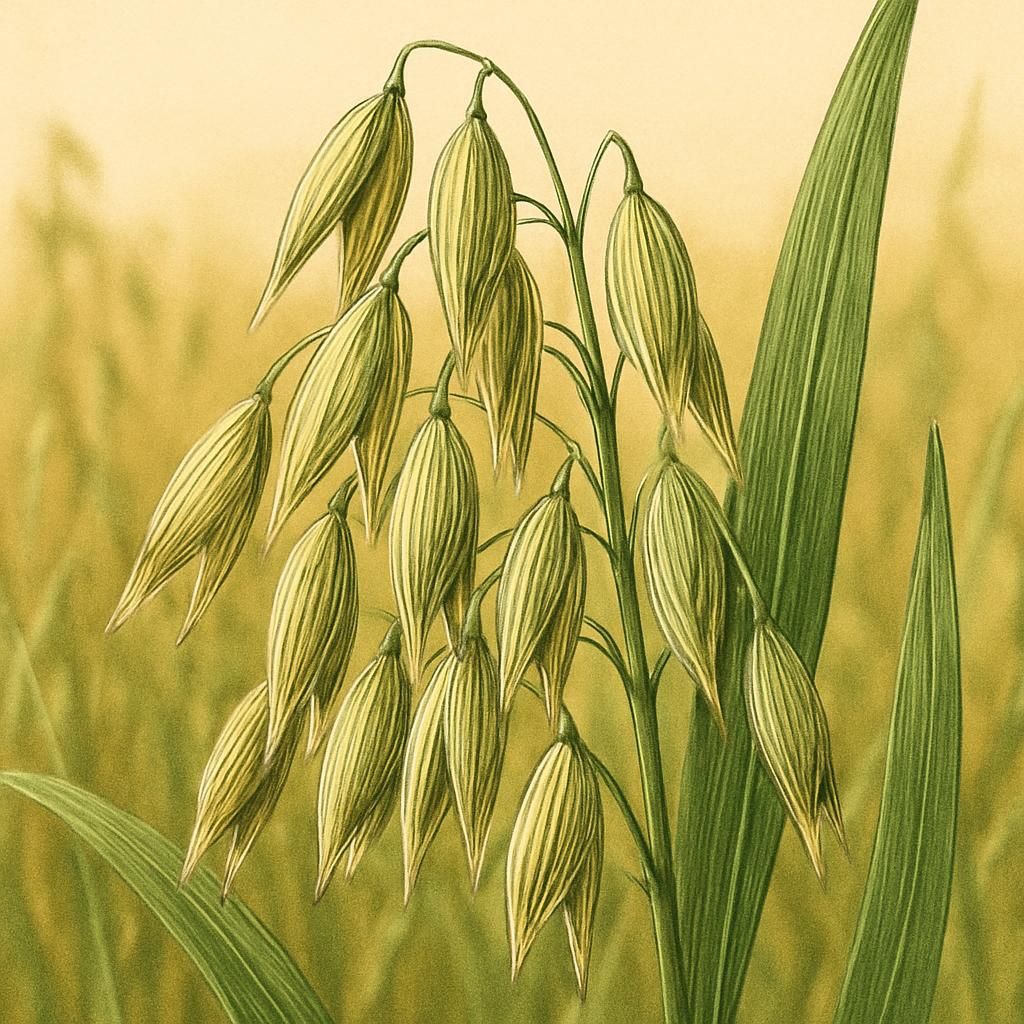Close-up of Victory oat plant showing grains and leaves in golden sunlight.