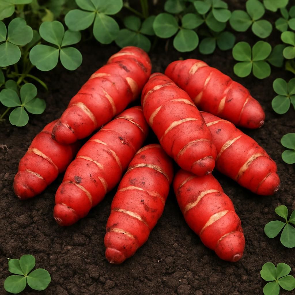 Close-up of vibrant red oca tubers with green leaves on soil for professional growing guide