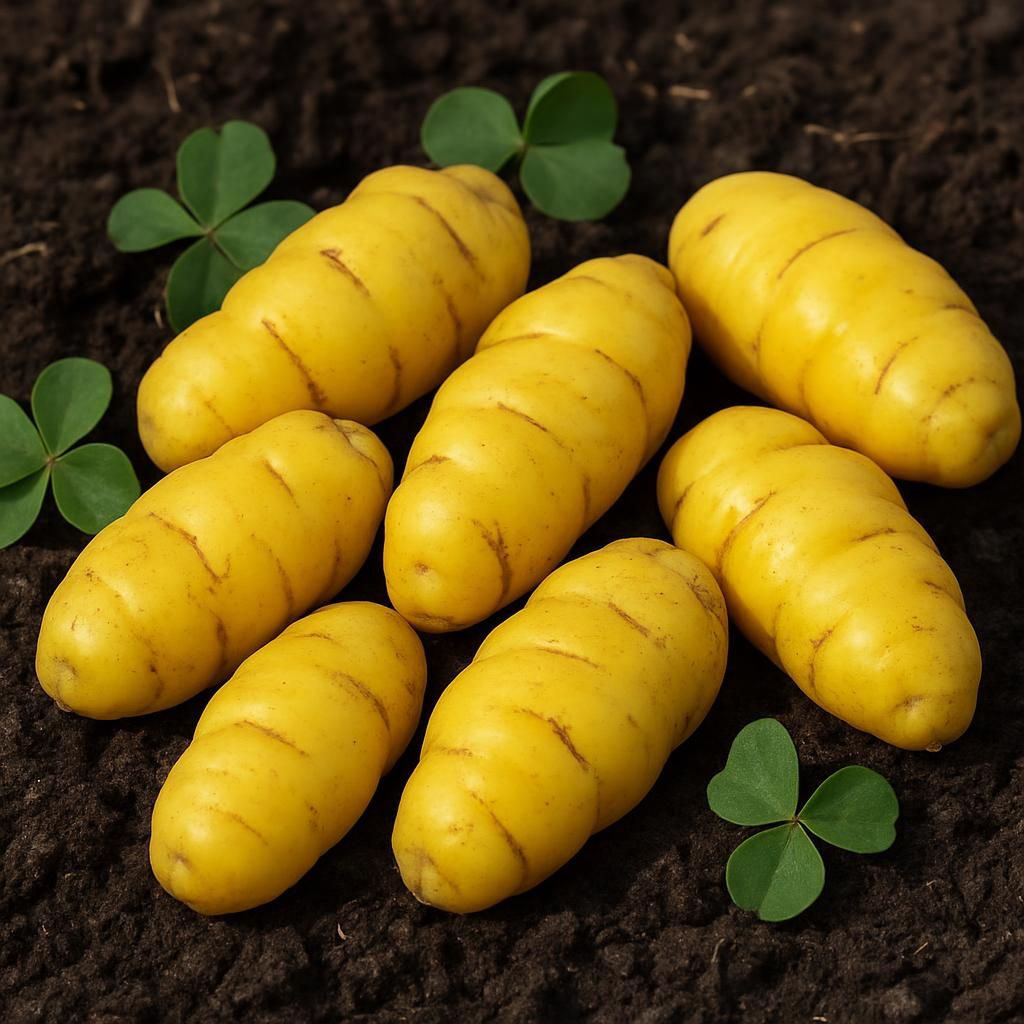 Close-up of bright yellow Oxalis tuberosa oca tubers on soil with clover-like foliage