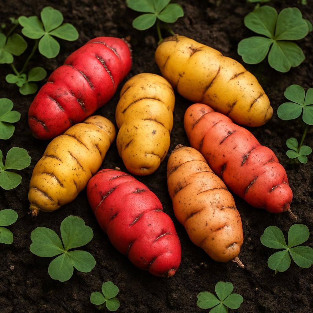 Freshly harvested colorful oca tubers on soil with green foliage