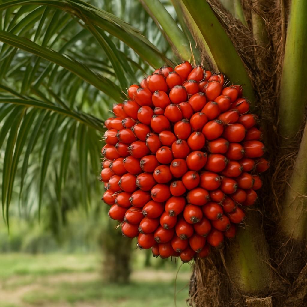 Close-up of ripe orange-red oil palm fruit bunch on Elaeis guineensis palm ready for harvest