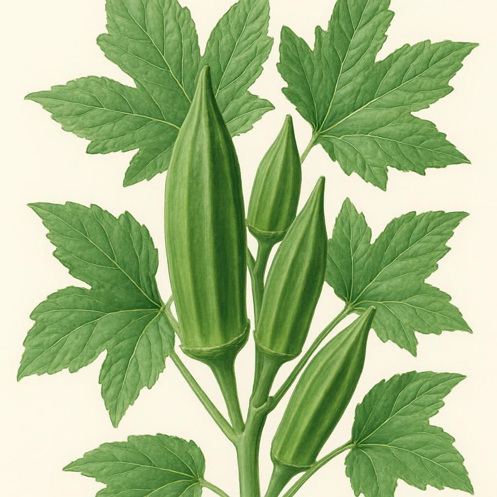 Close-up of Clemson Spineless okra with green pods and leaves, ideal gardening crop.