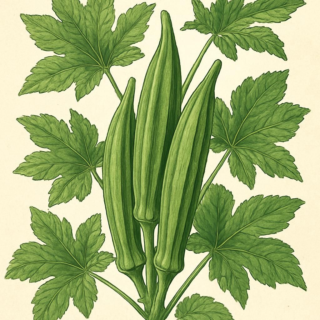 Close-up of Okra (Cow Horn) plants with long, slender green pods in a garden setting.