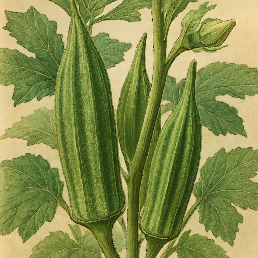 Close-up of Hill Country Heirloom Okra pods with green textured leaves.