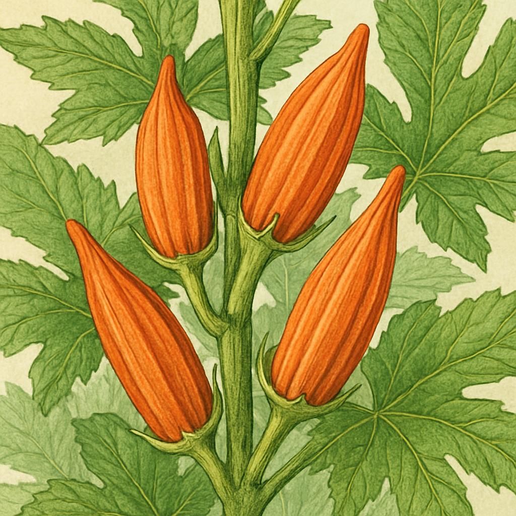 Jing Orange Okra plant with vivid orange pods and lush green leaves.