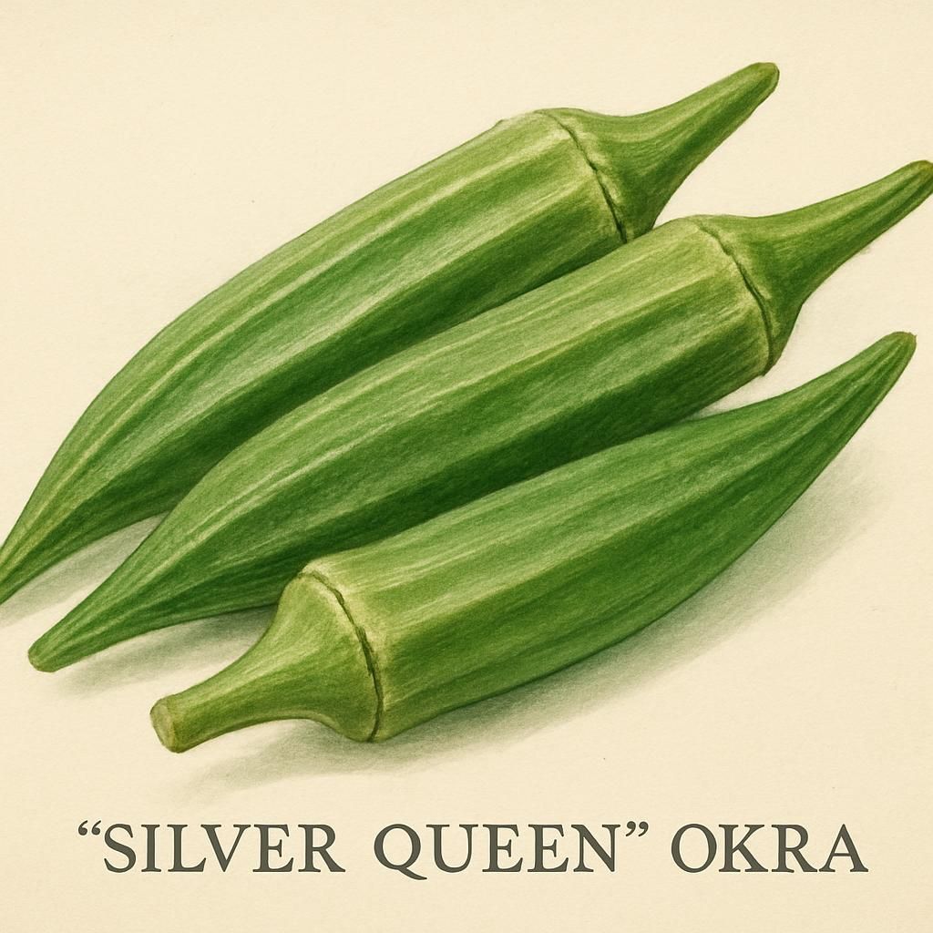 Close-up of Silver Queen okra pods growing on a vibrant green plant.