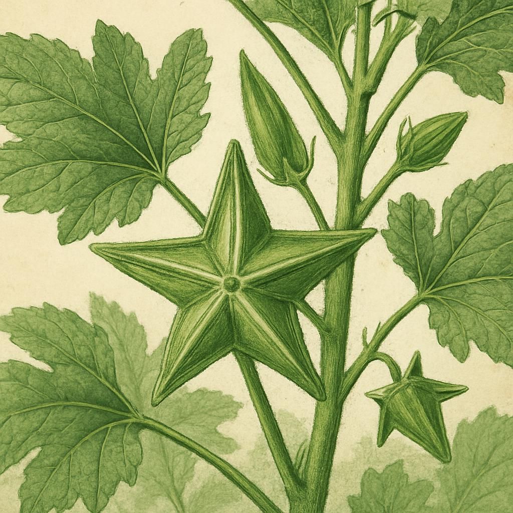 Close-up of Star of David okra pods with star-shaped cross-sections on a green plant.