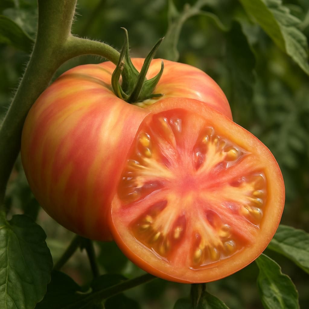 Ripe Old German Tomato showing pink-yellow marbling on vine, ideal for heirloom tomato growing guides