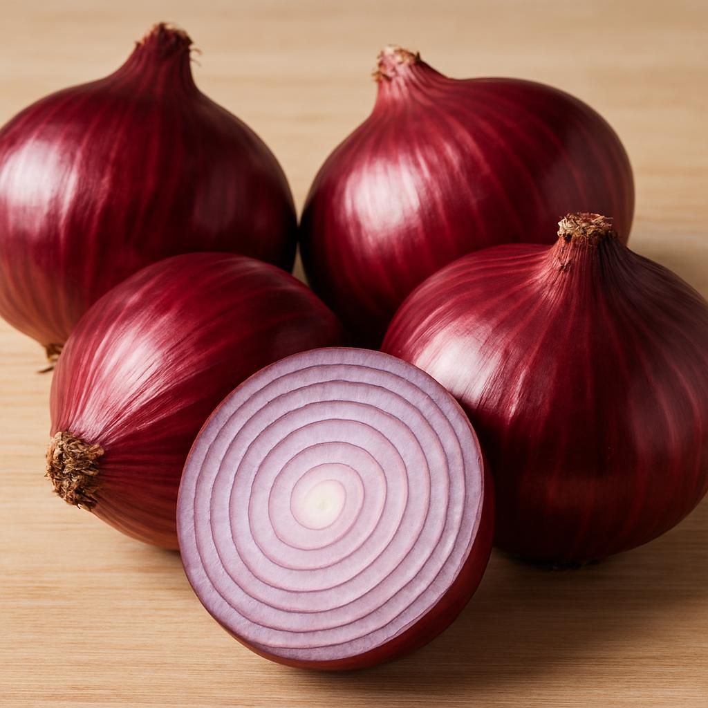 Close-up of freshly harvested Red Wethersfield onions with deep red skins and pink rings