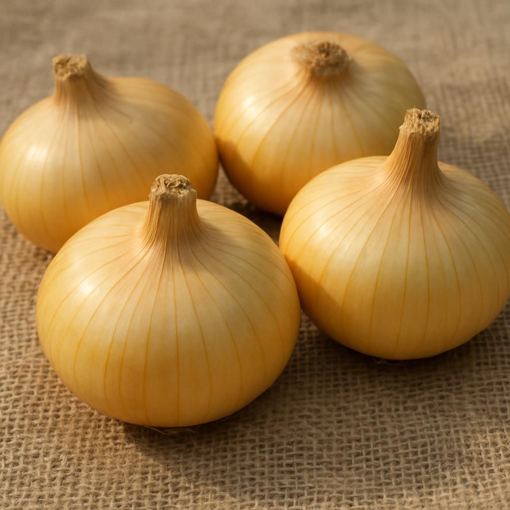 Freshly harvested Vidalia Yellow Granex onions with golden skins on burlap