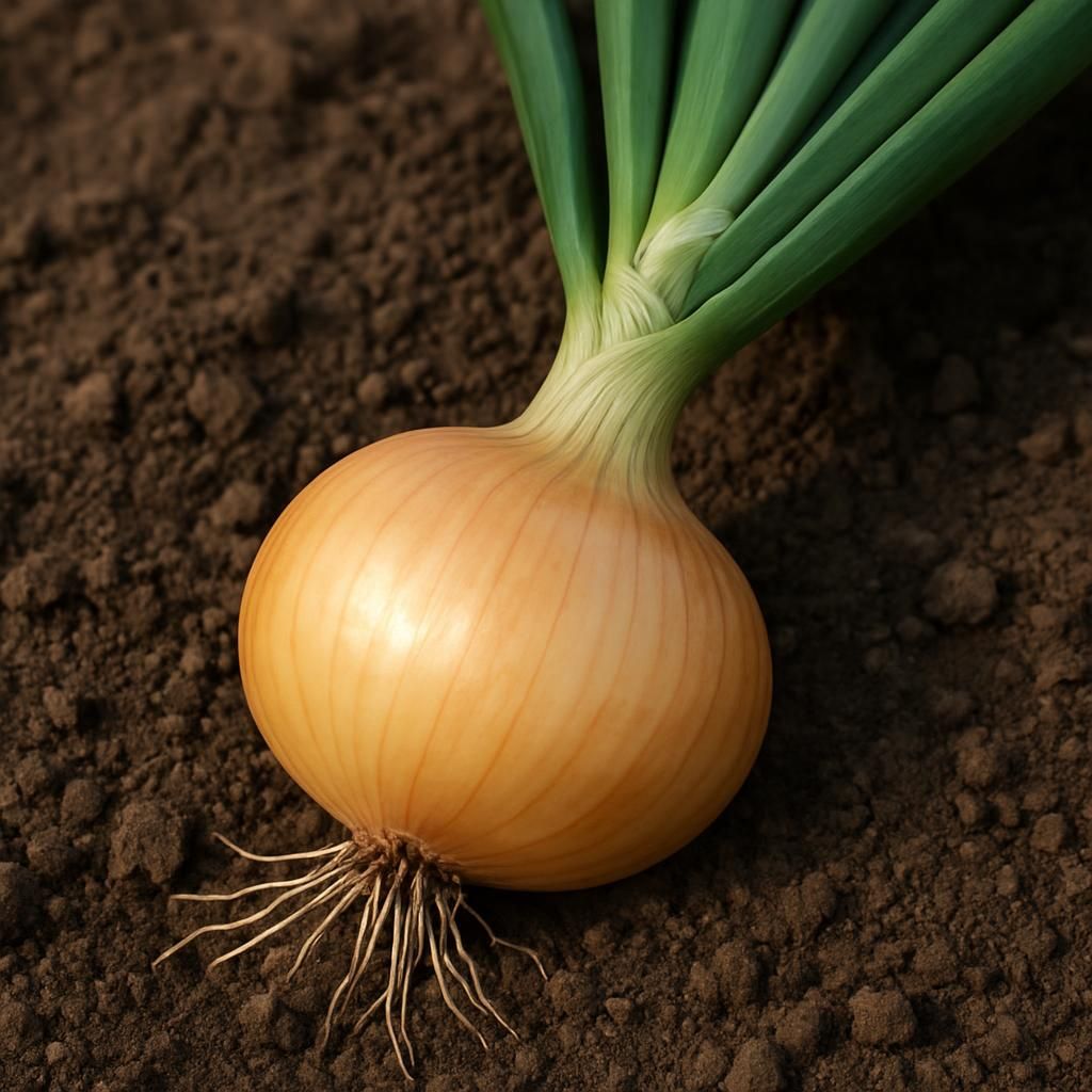 Fresh Walla Walla Sweet onion bulb with golden skin ready for harvest in garden