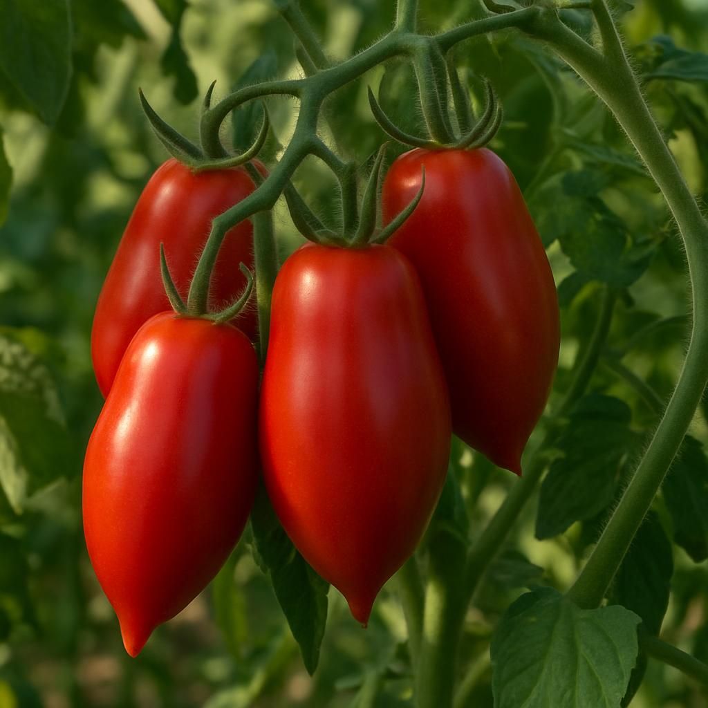 Close-up of ripe Opalka paste tomatoes on the vine ready for harvest