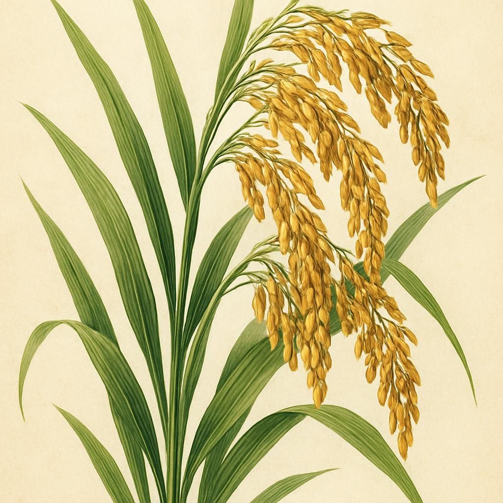 Opus Rice sheaves with golden grains and lush foliage under sunlight.