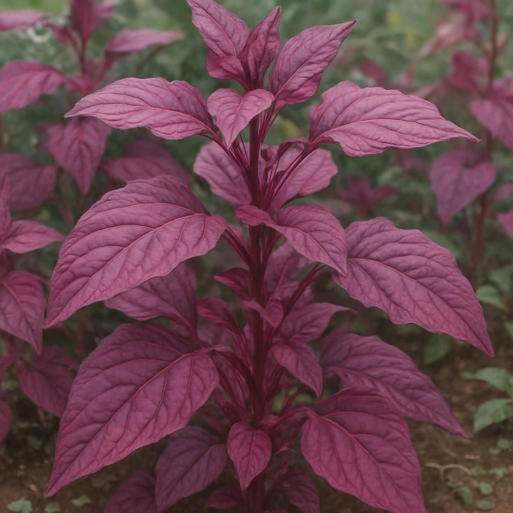 Close-up of vibrant magenta leaves of Orach growing healthy in a garden.