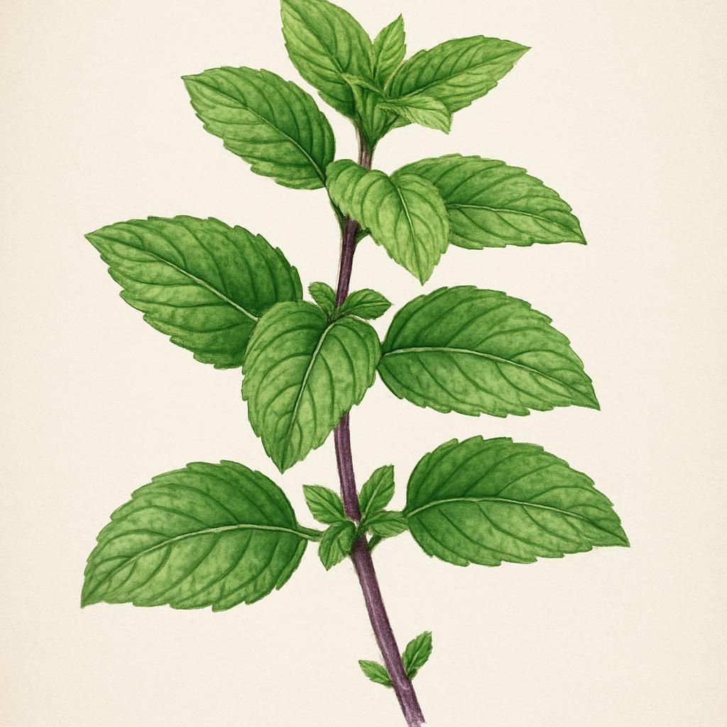 Close-up of Orange Mint with dark green leaves and purple stems in sunlight.
