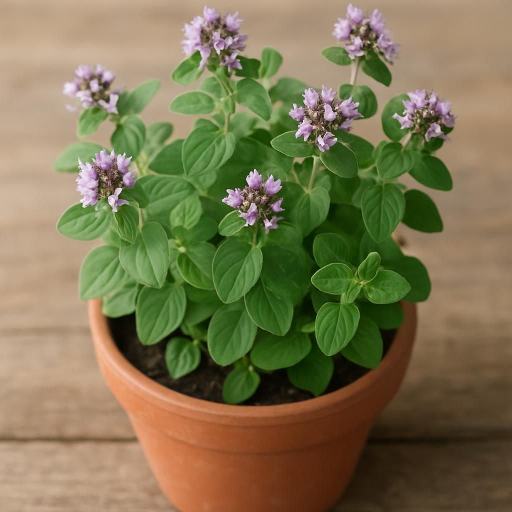 Close-up of fresh oregano leaves and purple flowers in terracotta pot for growing guide header