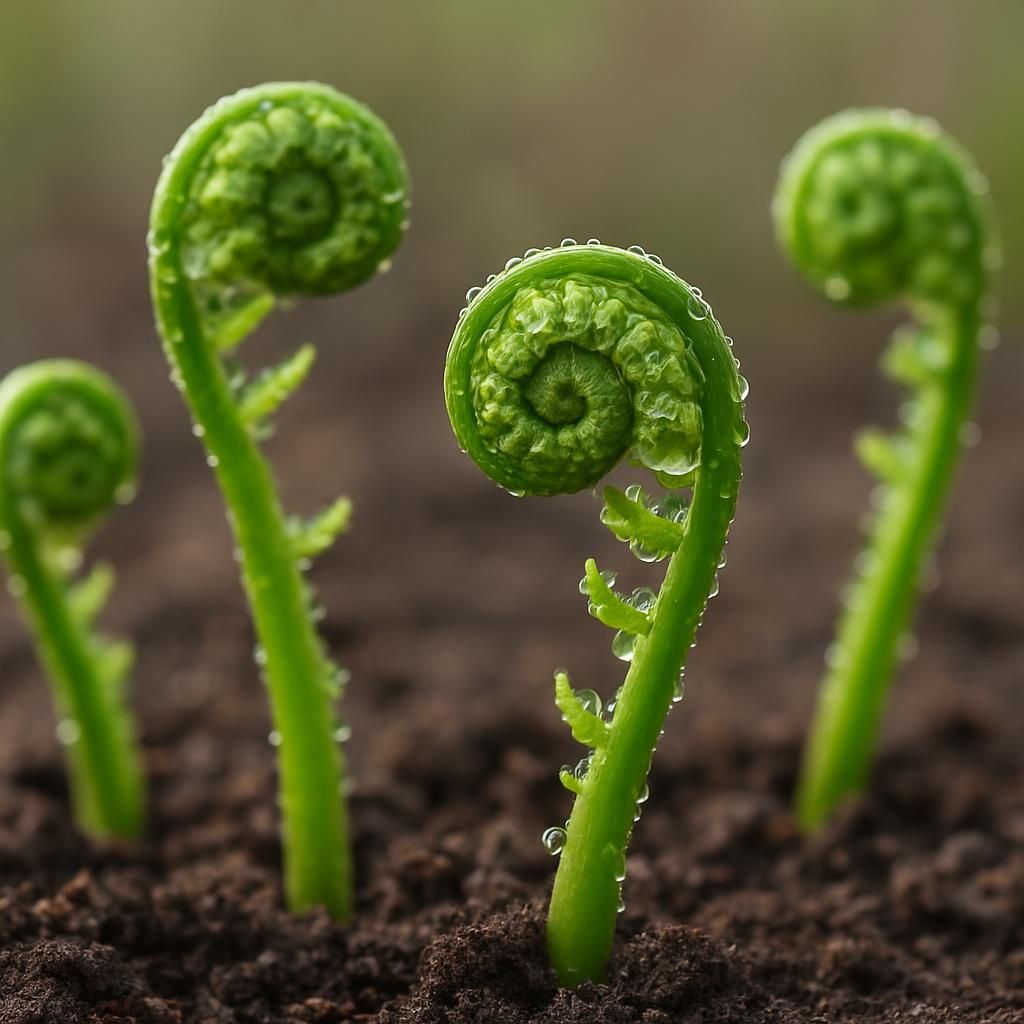 Close-up of fresh Ostrich Fern fiddleheads emerging from moist woodland soil in early spring