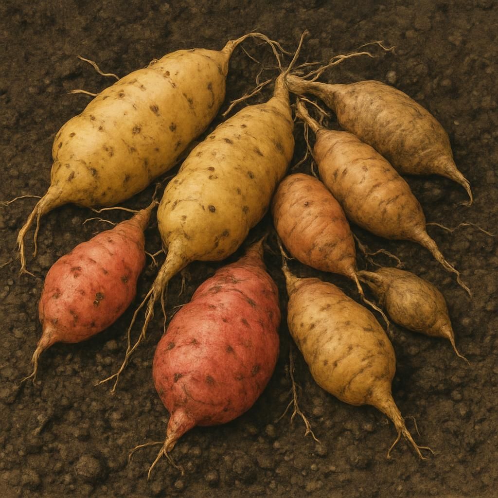 Freshly harvested colorful Oxalis tubers on soil, professional agricultural photography