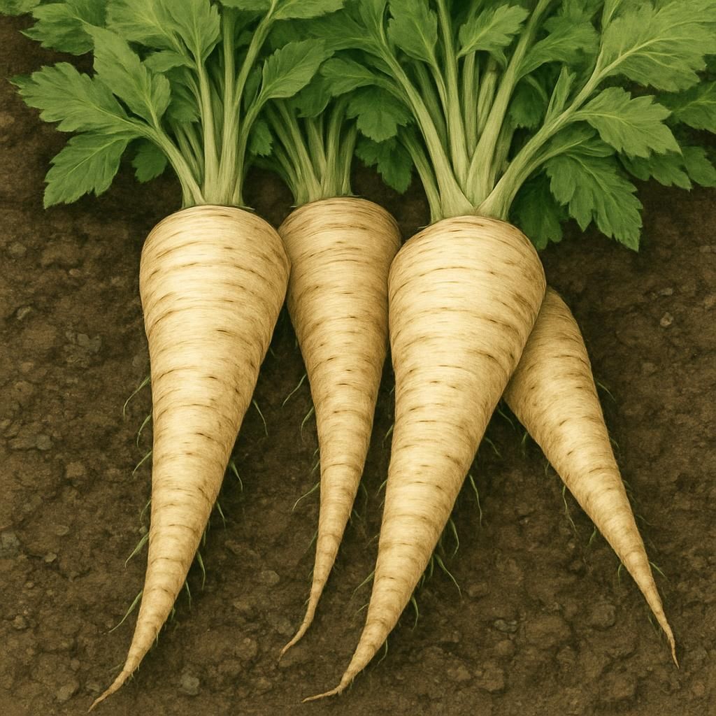 Close-up of Gladiator parsnip roots showing smooth white tapered shape and healthy green tops in garden soil
