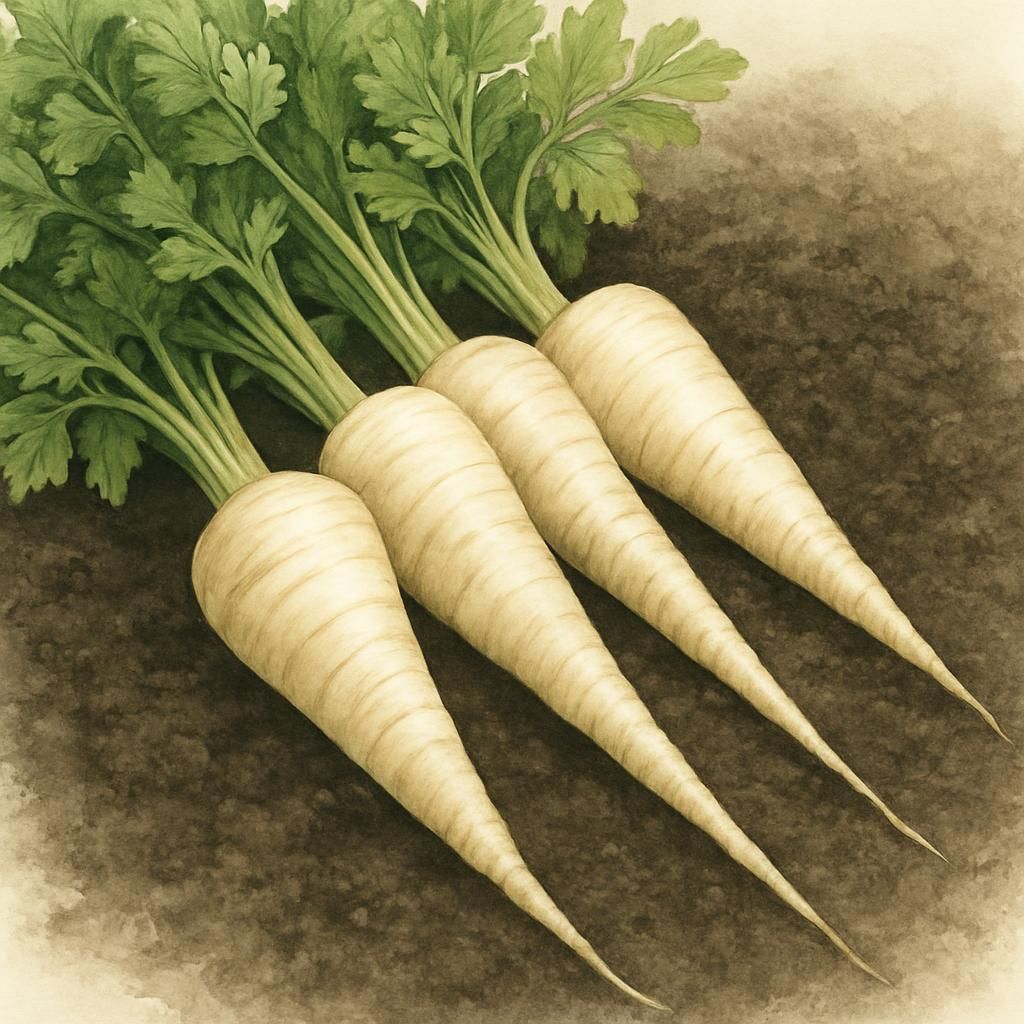 Freshly harvested Hollow Crown parsnips showing long white roots and green tops on soil